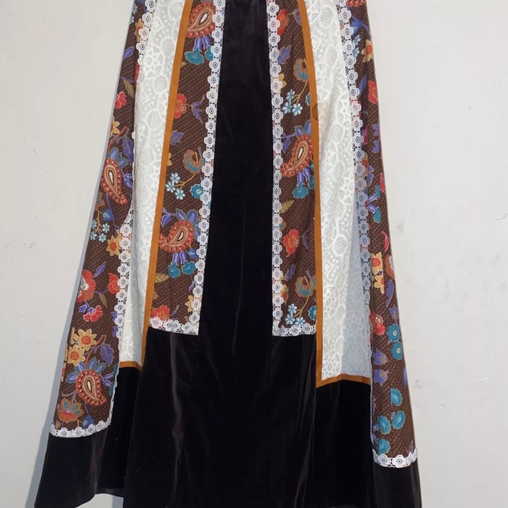 Vtg Chessa Davis Skirt 70s Velvet Panel Lace Prairie Hippie Maxi Boho Peasant M
